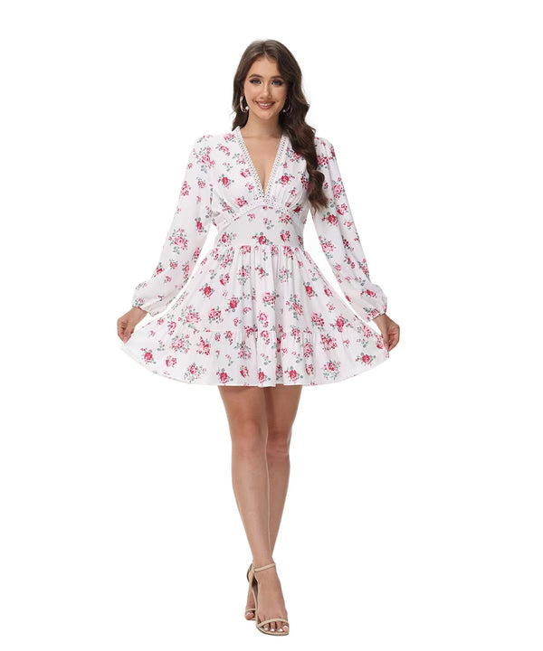 Rochie Lorela rosie cu imprimeu floral si detalii din dantela