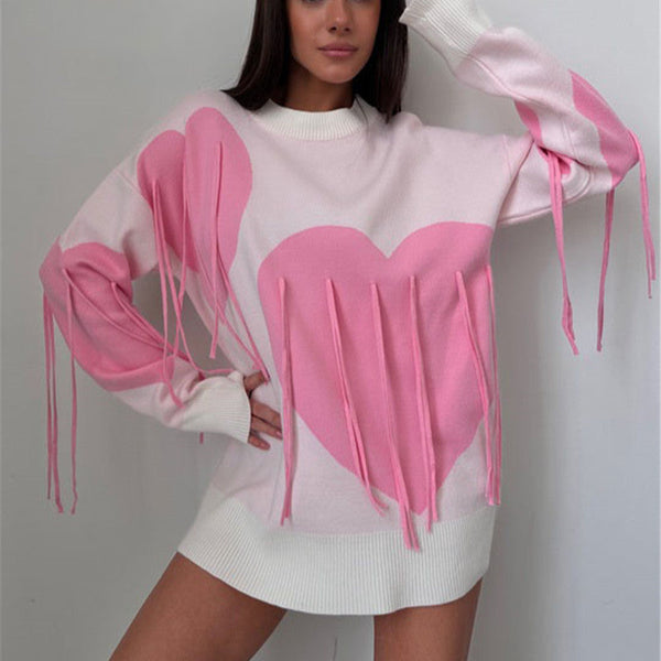 Bluza Fabbia cu imprimeu inimi si franjuri