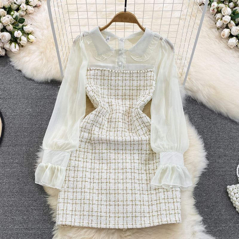 Rochie mini Raquel din tweed si maneci din chiffon