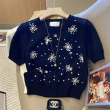 Tricou Erlla din tricot, cu perle si strassuri