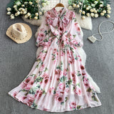 Rochie midi Liria cu imprimeu floral si funda
