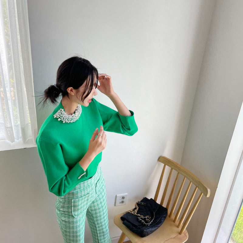 Pulover Ayana verde accesorizata cu perle