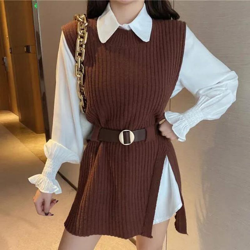 Set Mionna maro compus din camasa si vesta din tricot