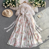 Rochie midi Maldes cu imprimeu floral si panglici