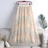 Fusta Doriane albastra din tulle cu insertii florale brodate