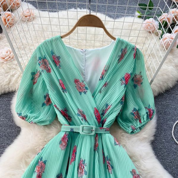 Rochie Echim verde cu pliuri si imprimeu floral