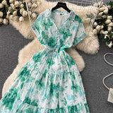 Rochie Brea verde cu nasturi imbracati si imprimeu floral