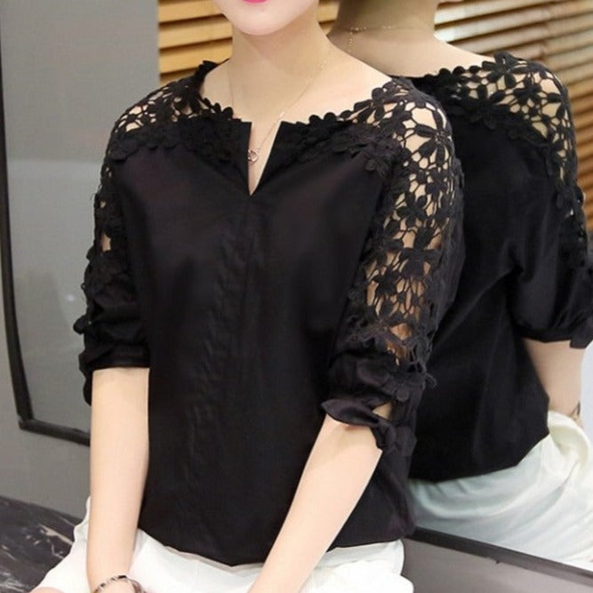 Camasa Trielle neagra cu maneci scurte si dantela brodata - OUTLET