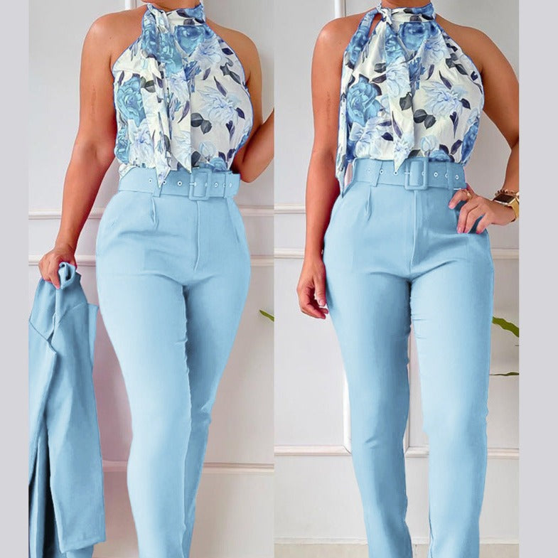 Set Denda albastru compus din pantaloni office cu talie inalta si top