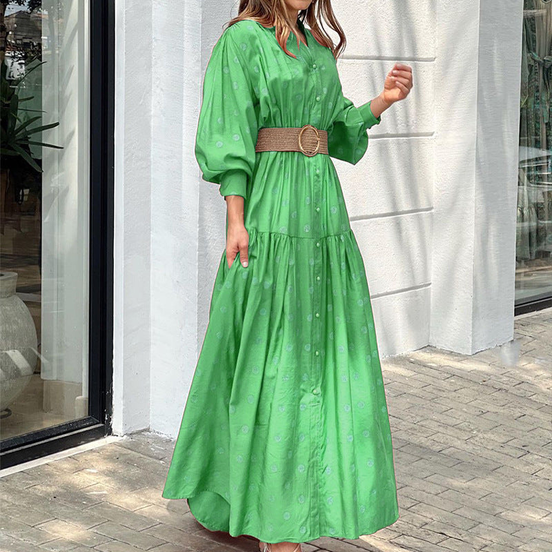 Rochie Silvetta verde cu imprimeu buline si curea