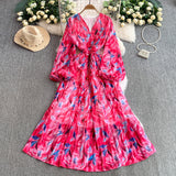 Rochie midi plisata Hoja, imprimeu frunze