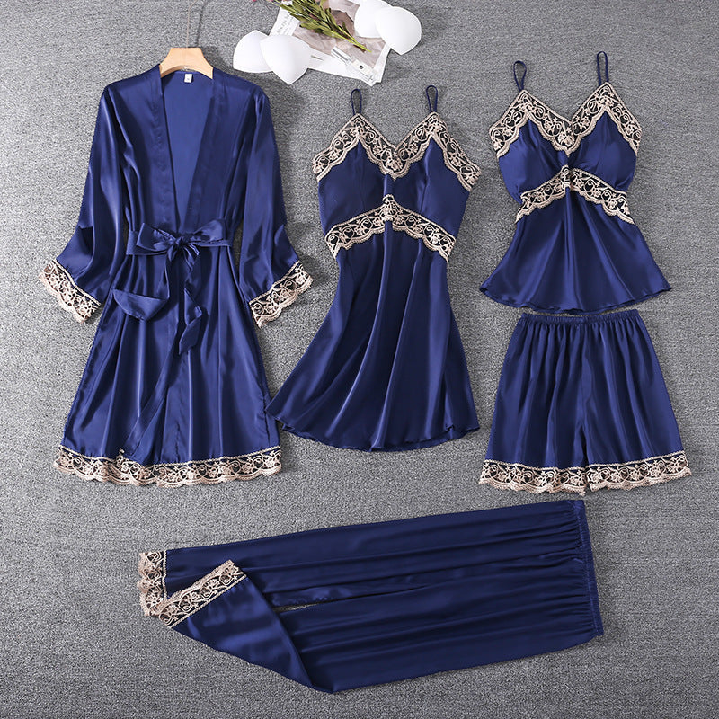 Set pijama Nergis alb din tesatura satinata si dantela - 5 piese