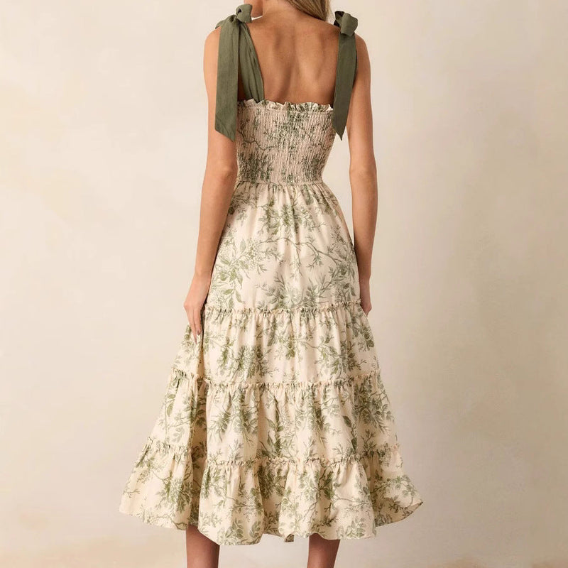 Rochie Soraya cu bretele tip fundita si imprimeu floral