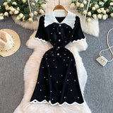 Rochie tricotata Arissa cu perle, fundita si guler lat