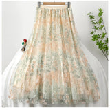 Fusta Doriane albastra din tulle cu insertii florale brodate