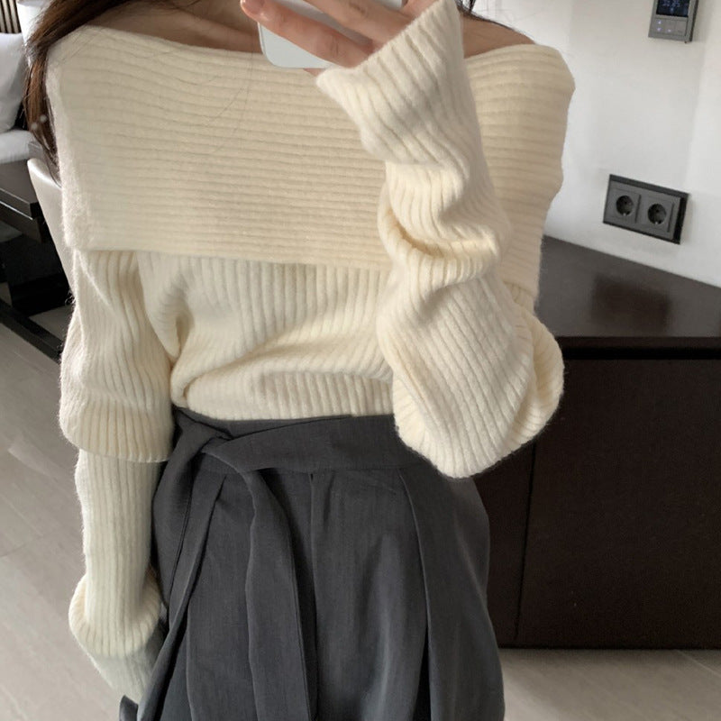 Bluza Yvette din tricot cu decolteu barcuta cu umeri goi