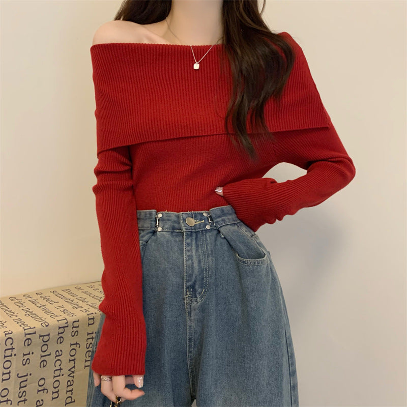 Bluza Unnoa din tricot cu decolteu barcuta cu umeri goi