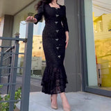Rochie Lady tip sirena, din tweed cu fundite si dantela