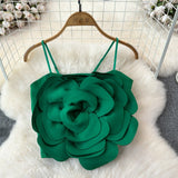 Top Hadley verde cu bretele si floare tridimensionala