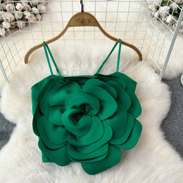 Top Hadley verde cu bretele si floare tridimensionala