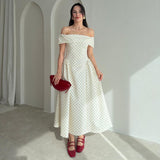 Rochie midi Esfera cu umeri goi, imprimeu buline