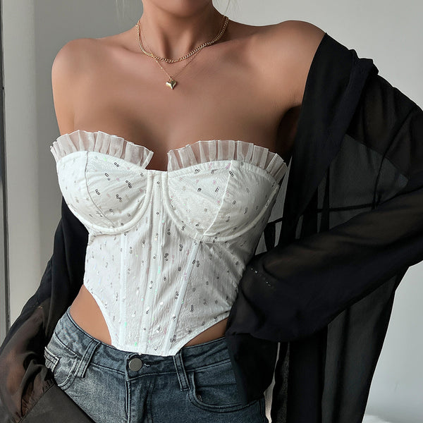 Top Emila cu decolteu tip inima accesorizat cu tull incretit