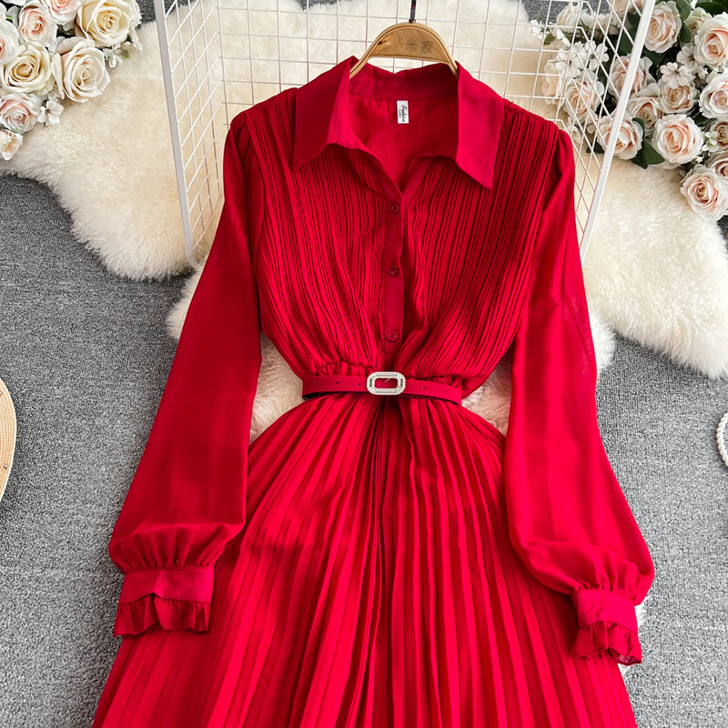 Rochie Hanelore rosie cu pliuri si curea accesorizata