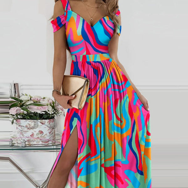 Rochie Midora cu imprimeu multicolor si crapatura laterala