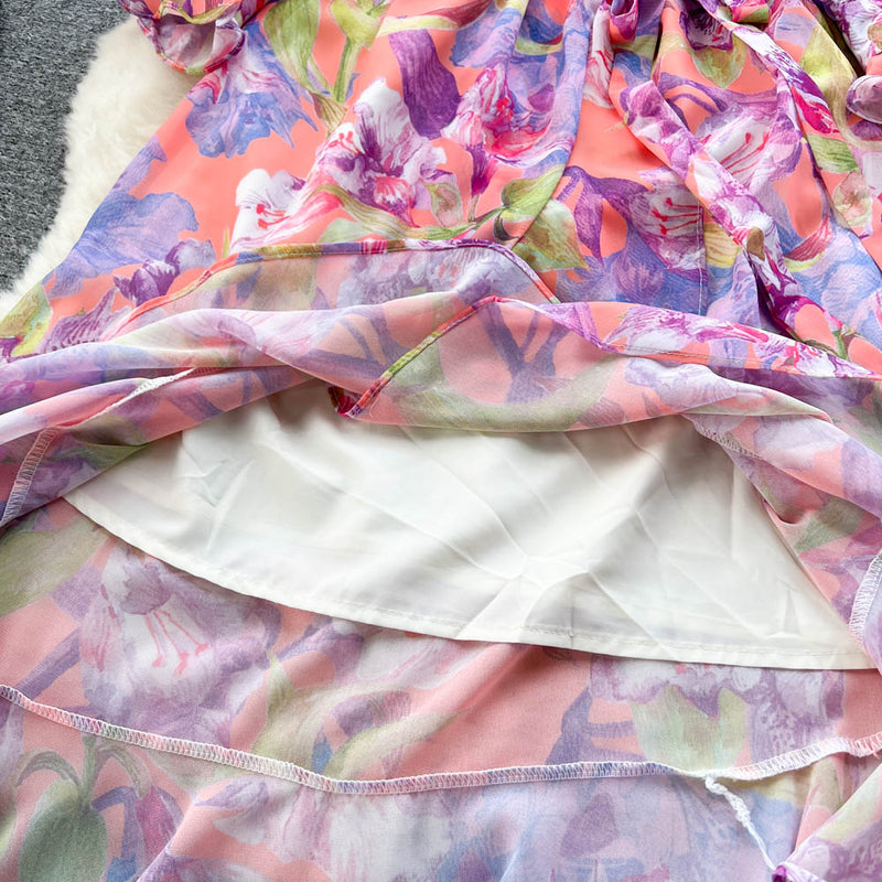 Rochie Gina portocalie cu decolteu in V si imprimeu floral