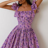Rochie Ezora mov cu bretele si imprimeu floral
