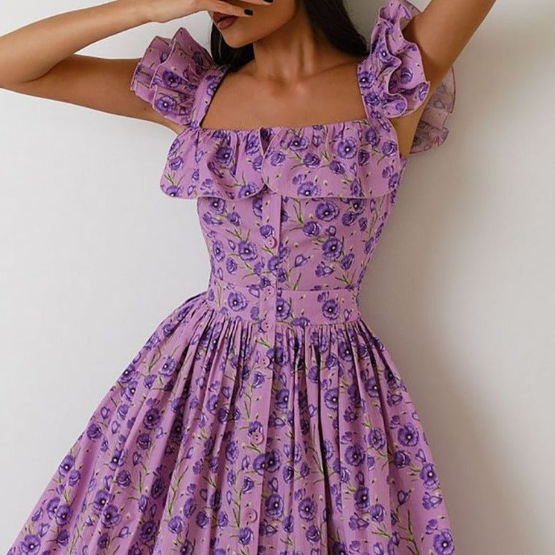 Rochie Ezora mov cu bretele si imprimeu floral