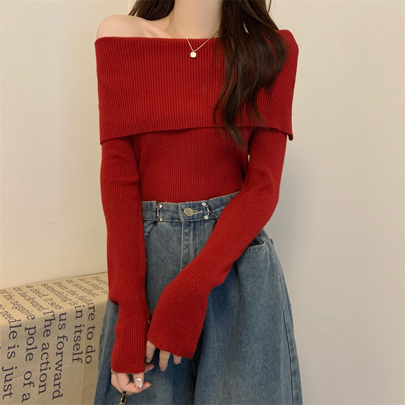 Bluza Unnoa din tricot cu decolteu barcuta cu umeri goi