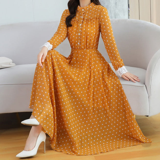 Rochie Adora galbena cu mansete din dantela si imprimeu buline
