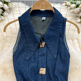 Rochie midi Julya din denim, cu crapaturi in fata