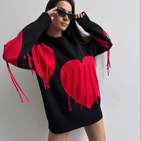 Bluza Fabbia cu imprimeu inimi si franjuri
