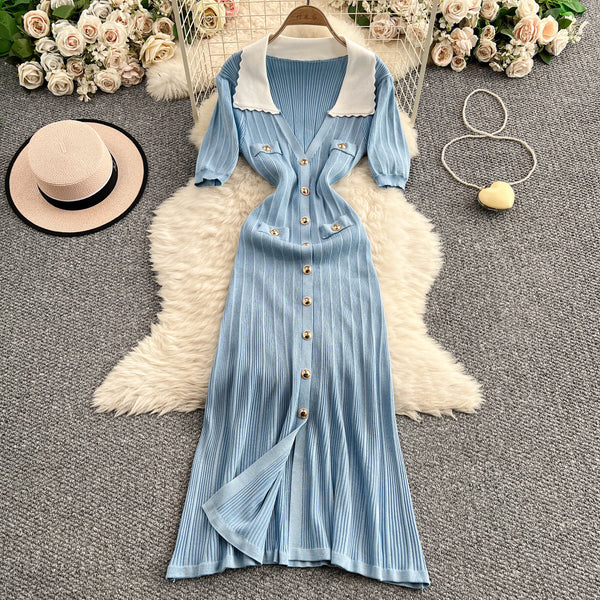 Rochie Acanthe din tricot cu guler lat si decolteu in V