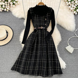 Set Timeda negru cu carouri din tricot - rochie si bluza, curea inclusa