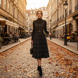 Set Timeda negru cu carouri din tricot - rochie si bluza, curea inclusa