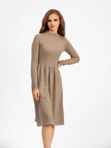 Rochie Ambra bej din tricot reiat