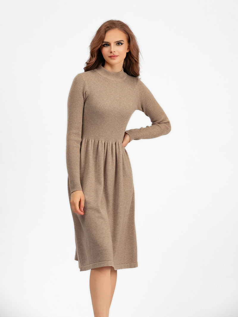 Rochie Ambra bej din tricot reiat