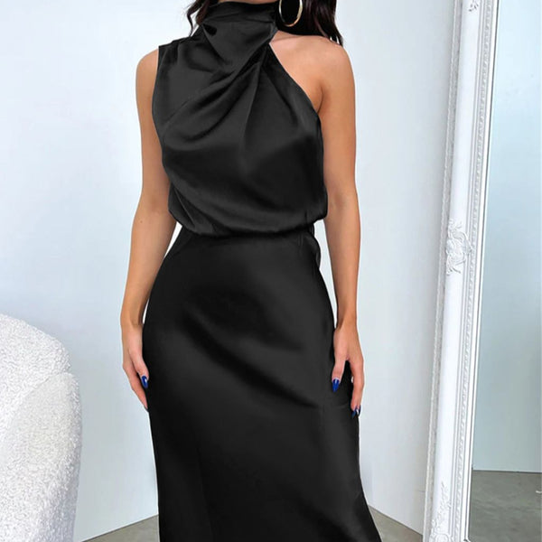 Rochie Clara neagra din satin, cu fermoar ascuns la spate