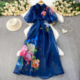 Rochie maxi Peonia din organza cu imprimeu floral