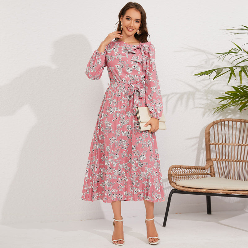 Rochie Adania roz cu funda laterala si cordon accesorizat
