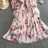 Rochie midi Liria cu imprimeu floral si funda