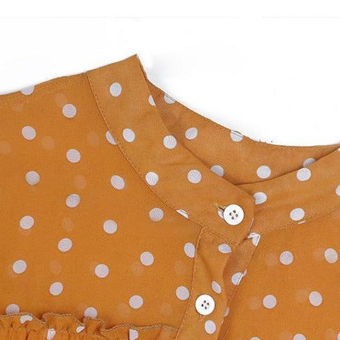 Rochie Adora galbena cu mansete din dantela si imprimeu buline