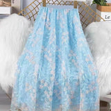 Fusta Doriane albastra din tulle cu insertii florale brodate