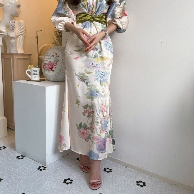 Rochie Aletta cu imprimeu floral si maneci bufante
