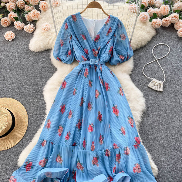 Rochie Echim albastra cu pliuri si imprimeu floral