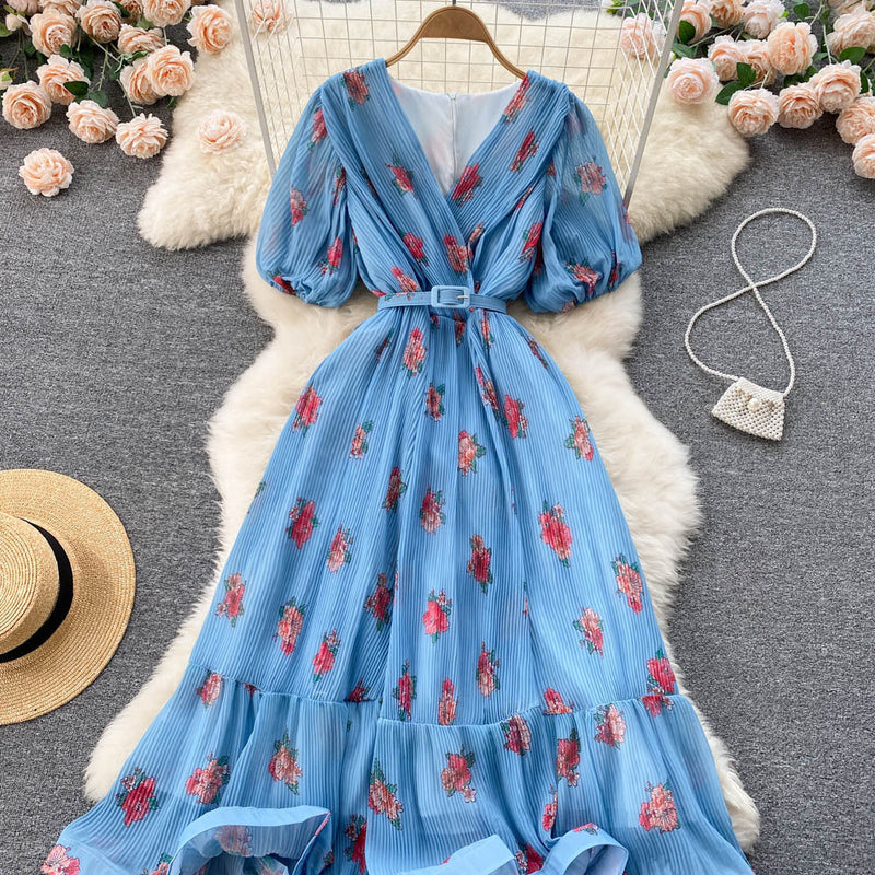 Rochie Echim albastra cu pliuri si imprimeu floral