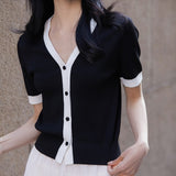 Tricou Amilda din tricot reiat cu decolteu in V